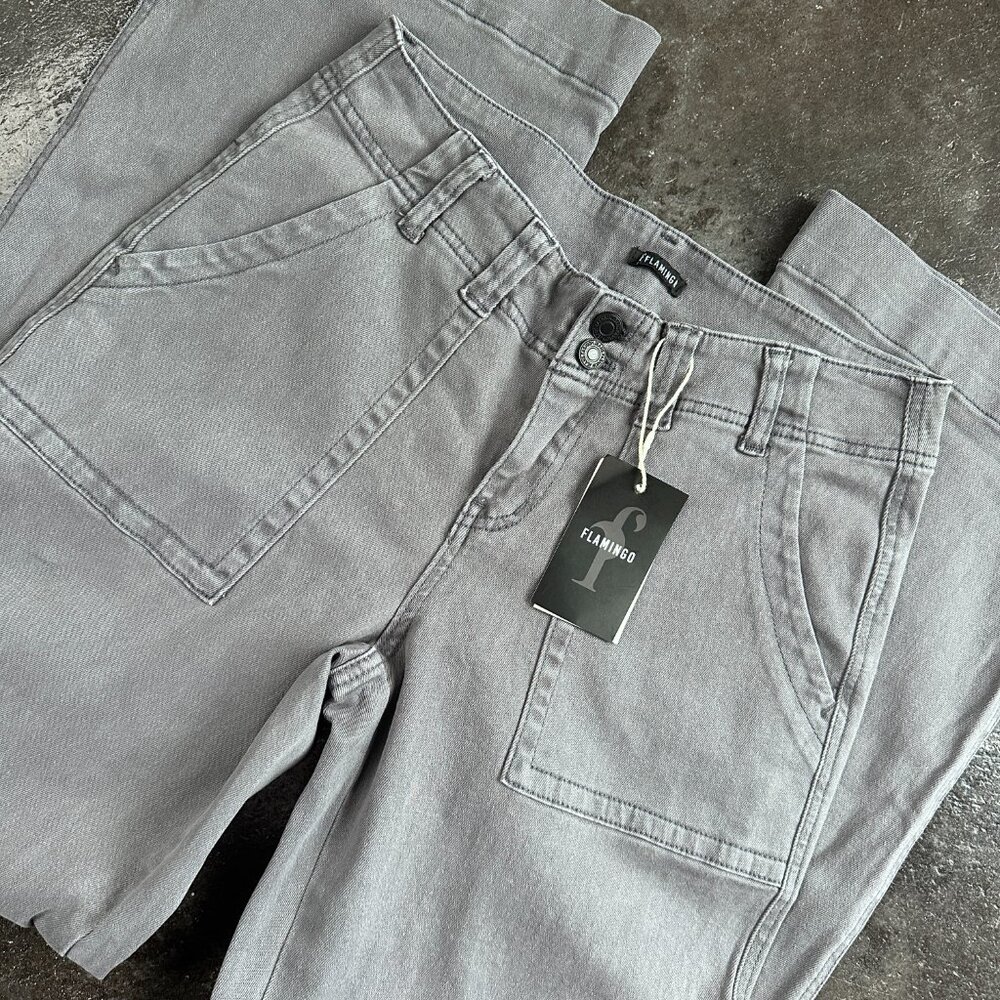 NWT Flamingo Cotton Wide Leg Mid Rise Grey Pants Chinos Classic Minimalist - M - Picture 4 of 5